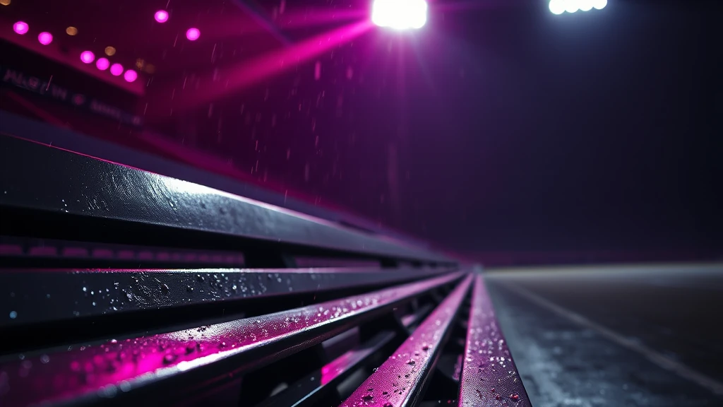 An empty dugout bench in driving rain